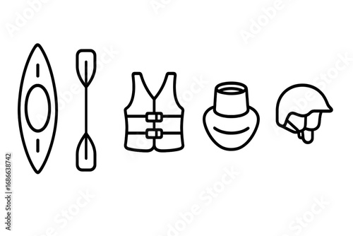 Kayaking adventure gear outline icon set. Water sport safety equipment vector symbols. Includes kayak, paddle, life vest, spray skirt, helmet. Outdoor activity concept.