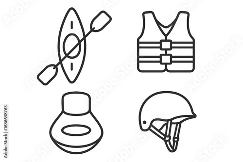 Kayaking adventure line icon set. Vector collection of water sports equipment graphics. Kayak, paddle, life jacket, helmet, and spray skirt outline symbols for design.