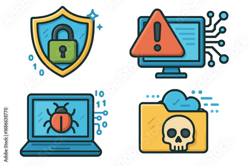 Cybersecurity icon set. Digital data protection, internet security concepts. Computer virus, malware, hacker attack, alert. Shield, bug, skull, warning sign vector illustration.