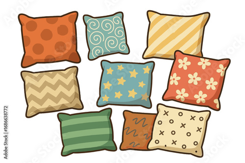 Set of decorative throw pillows with various colorful patterns. Collection of cozy cushions for home decor and interior design. Cartoon vector illustration isolated on white.