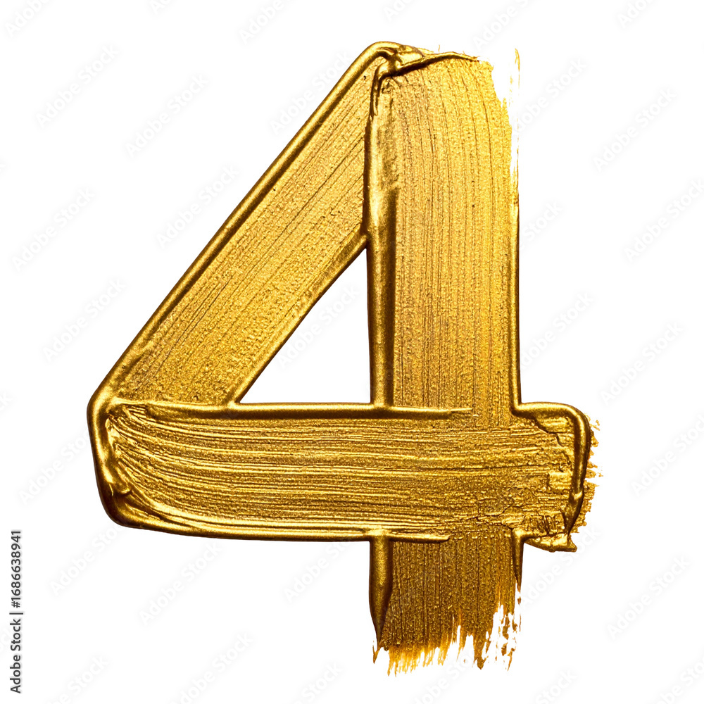 Fototapeta premium Golden number four textured surface shines brightly against a clean white background, suitable for celebration, anniversary, or decorative design concepts.