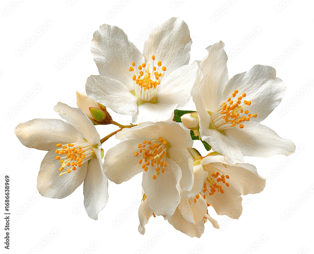 Obraz premium Close-up of a cluster of delicate, creamy white jasmine flowers, with visible stamens of rich gold