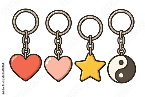Vector keychain set with heart, star, and yin-yang symbols. Cartoon illustration of keyring accessories, trinkets, and souvenirs. Isolated flat design charm holder collection for gifts.