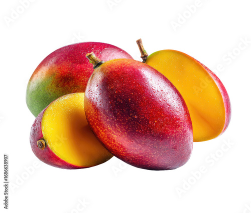 Ripe mangoes, some halved, display vibrant red-orange skin and bright yellow flesh