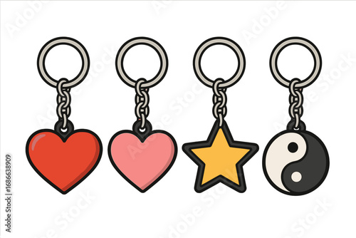 Set of vector keychains with heart, star, and yin-yang symbols. Cartoon keyring collection. Metal key fobs with charms. Souvenir trinkets. Isolated flat illustration.
