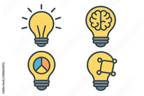 Light bulb idea icon set. Creativity and innovation concept. Brainstorming symbol with brain. Business strategy idea with pie chart. Technology and design solution metaphor.