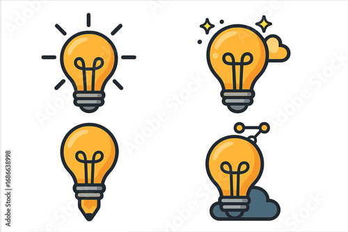 Set of light bulb icons symbolizing creativity, innovation, and ideas. Vector concepts for solutions, thinking, brainstorming, and writing. Modern flat cartoon illustration.