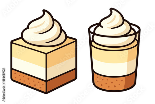 Layered dessert vector set. Cheesecake slice and pudding in a glass. Sweet no-bake dessert with graham cracker crust, cream cheese mousse and whipped cream. Food illustration.