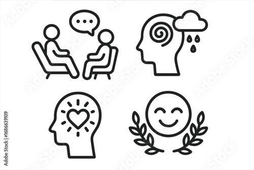 Mental health icon set. Psychology, therapy and counseling session. Depression, anxiety, stress and confusion treatment. From sad to happy. Self love, emotional well-being.