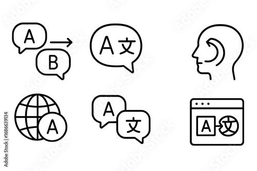 Language translation icon set. Vector outline icons for bilingualism, multilingualism, communication, online translator app, language learning, and global communication.