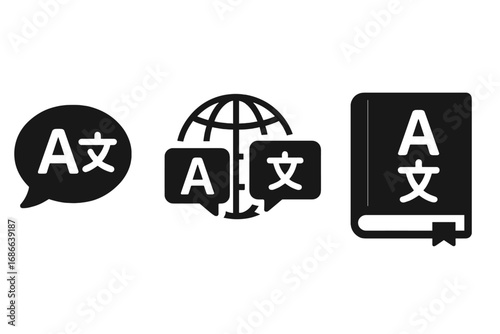 Translate solid glyph icon set. Language learning symbols. Global communication, speech bubble, dictionary, vocabulary book. Foreign language course or translation app vector.