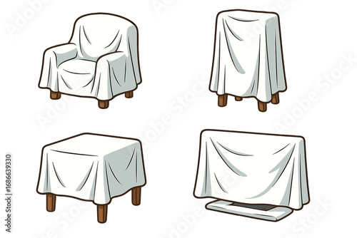 Furniture covered with white cloth for protection, storage, or moving. Dust cover on chair, table, television. Home renovation or empty house concept. Vector cartoon set.