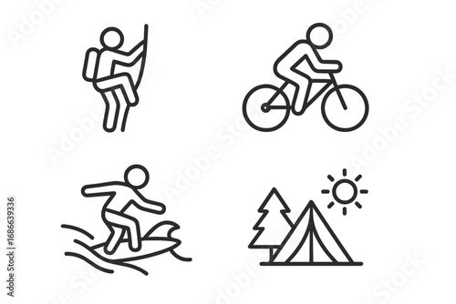 Outdoor adventure icon set with concepts for extreme sports and active travel. Line icons for rock climbing, biking, surfing, and camping. Summer vacation and hiking vector pictograms.