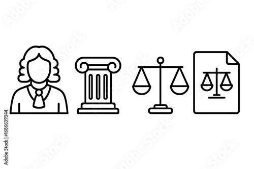 Law and justice icon set. Legal outline vector symbols. Judge, courthouse column, scales, case file. For lawyer, attorney services, court, government, law firm concepts.