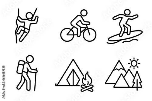 Outdoor adventure linear icon set. Includes climbing, biking, surfing, and hiking line icons. Vector symbols for camping, travel, sport, and active lifestyle concepts.