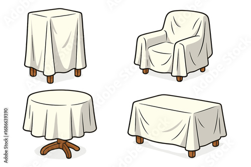 Furniture set covered with white cloths for protection and storage. Vector cartoon illustration of tables and armchair with dust covers for moving or protecting home goods.