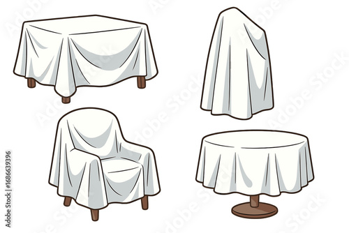 Furniture covered with white cloth for protection, storage, or moving. Vector cartoon illustration set of a table and chair under dust sheets. Home interior objects.