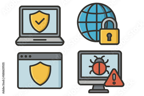 Security icons for digital software and cyber threat protection. Vector set of internet safety concepts. Antivirus shield, network lock, malware bug, browser firewall symbol.