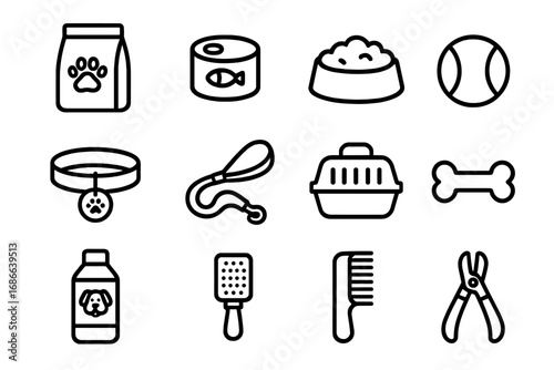 Pet care line icon set. Dog and cat essentials, grooming, and food symbols. Vector collection of simple outline icons for vet, pet shop, or animal care concepts. Leash, collar, bone.