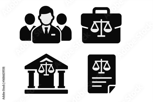 Legal solid glyph icon set. Law and justice symbols collection. Lawyer team, attorney briefcase, courthouse building, and legal document with scales of justice vector icons.