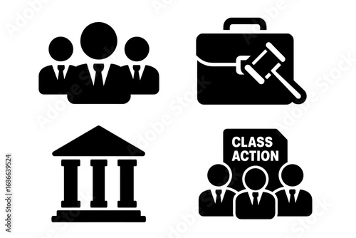 Law and justice solid icon set. Class action lawsuit, legal team, lawyer group, courthouse, briefcase, and gavel vector glyphs. Legal services and attorney symbols.