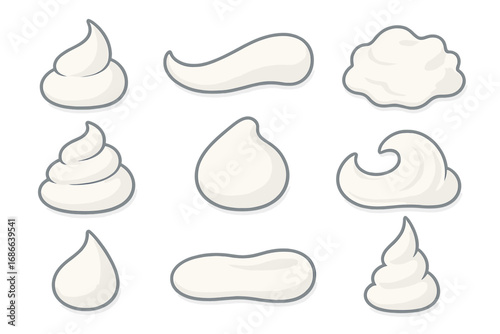 White cream vector set. Cosmetic lotion or food topping dollops. Whipped cream, gel, or mousse swirls. Skincare texture or yogurt smear. Isolated cartoon illustration.