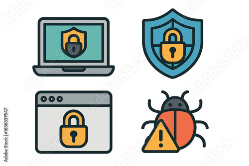 Cyber security icon set with firewall shield, antivirus lock, and computer virus bug. Digital protection measures for software and network safety. Vector cartoon symbols.