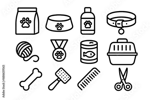 Pet care line icon set. Dog and cat essentials, grooming tools, food & accessories. Vector outline icons for pet shop, veterinary clinic, animal shelter & animal care concept.