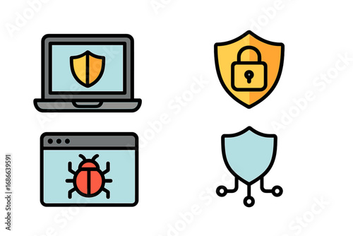 Set of security icons for digital software protection. Vector cartoon illustrations of cyber threats like bugs and viruses, with network defense, firewall, and padlock symbols.