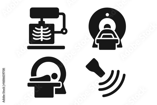 Medical imaging icon set. Solid glyphs for radiology and diagnostics. X-ray machine, MRI scanner, CT scan and ultrasound pictograms. Vector illustration for healthcare.