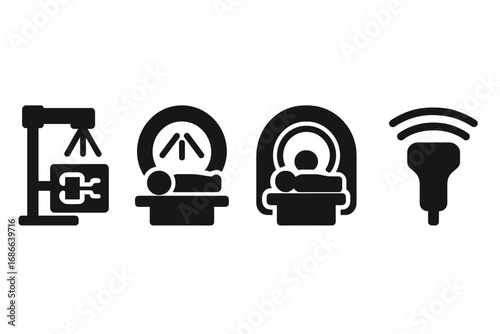 Medical imaging solid icon set. X-ray, CT scan, MRI, ultrasound pictogram. Radiology diagnostic equipment symbols. Healthcare technology glyphs. Hospital vector illustration.