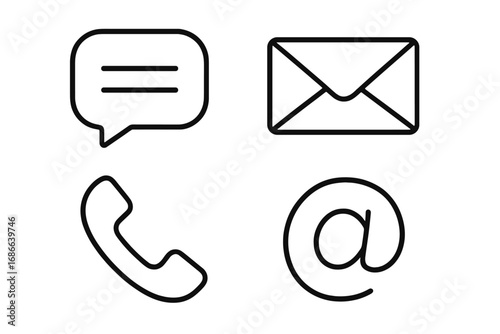 Communication and messaging outline icon set. Contact us symbols for web and mobile. Includes chat bubble, email envelope, phone receiver and at sign icons. Line art vector.