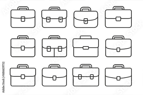 Briefcase outline icon set. Collection of business bags, portfolios for professional, corporate work. Vector document case symbol. Job, career, finance, legal, law concept.
