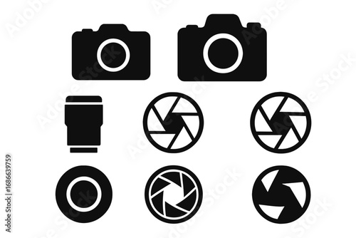 Photography camera silhouette icon set. Vector collection of DSLR, lens, and shutter aperture symbols. Professional photographer equipment graphic elements for design project.