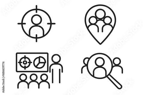 Target audience analysis icon set. Market research concept. Customer segmentation, user persona, group identification. Business marketing strategy. Consumer data analytics vector.