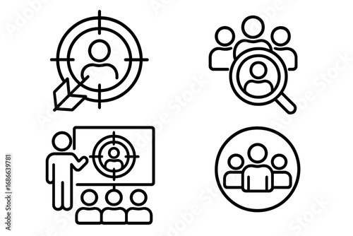 Target audience line icon set. Market research, customer analysis and segmentation. Business marketing strategy, demographics, and lead generation. Vector pictogram collection.