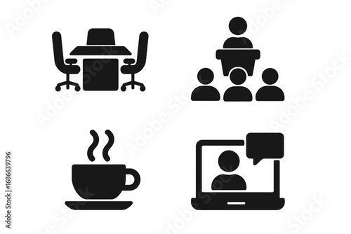 Business meeting solid glyph icon set. Vector icons for office, conference hall, presentation, coffee break and virtual meeting. Webinar and video conference symbols collection.