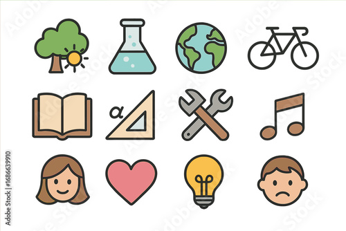 Collection of educational icons for school subjects. Science, math, geography, art, music, and nature symbols. Vector pictograms for learning, tools, ideas, and emotions. Flat design.