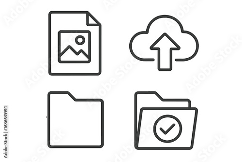 File management icon set. Simple outline icons for digital data storage. Cloud upload, document, image file and approved folder symbols. Vector linear pictogram for UI UX design.