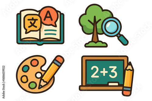 Educational icons illustrating subjects like language, nature, creativity, math. Vector cartoon set for learning environment, school, knowledge. Back to school graphic element.