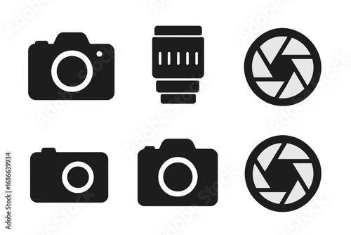 Photography camera solid icon set. Black glyph vector collection of photo equipment symbols. DSLR, mirrorless camera body, lens, and aperture shutter silhouette pictograms.