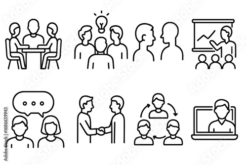 Meeting and collaboration linear icons. Business teamwork and communication symbols. Vector set for workplace, presentation, brainstorming, video conference and agreement.