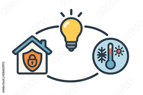 Smart home technology vector icons. Home automation system concept with security, lighting, and climate control. House safety lock, light bulb idea, and temperature regulation.