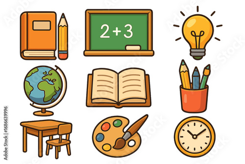 Educational icons set for back to school. Vector cartoon of classroom objects. Learning, knowledge, creativity concept. Includes globe, book, desk, chalkboard, art palette, idea.