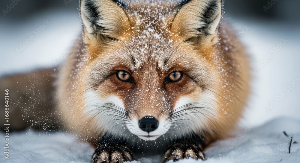 Obraz premium Fox, low angle, golden eyes covered in snow, fur detail