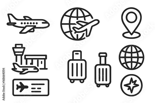 Travel icons representing various aspects of air travel, global navigation, airport terminals, and luggage in minimalist vector cartoon design with transparent background
