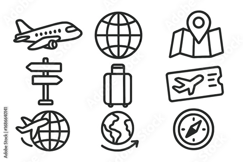 Travel icons representing various aspects of air travel, navigation, world exploration, luggage, airline tickets, maps, and global journey in a minimalist vector cartoon style