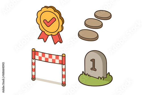 Milestone tracking icons. Project management success. Business goal achievement. Isometric vector set. Stepping stones path. Finish line concept. Award ribbon badge. First step.