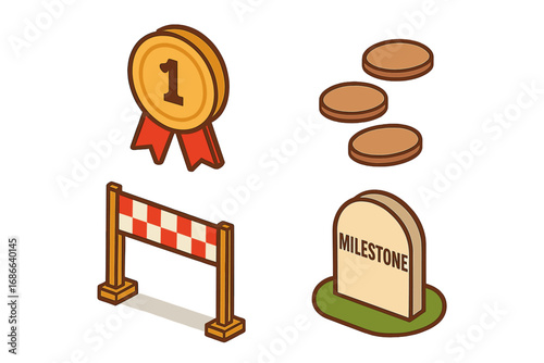 Milestone tracking isometric icon set. Vector illustration of progress, achievement, and success. Includes goal, award ribbon, stepping stones, and finish line for a business project path.