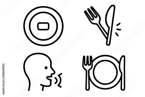 Mindful eating line icons set. Vector symbols for intuitive eating practice, portion control, slow food, savoring taste, and healthy lifestyle. Outline illustration collection.